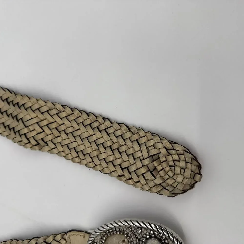 Chicos Gold Metallic Belt Beaded Buckle Braided Leather Hook Closure Boho
